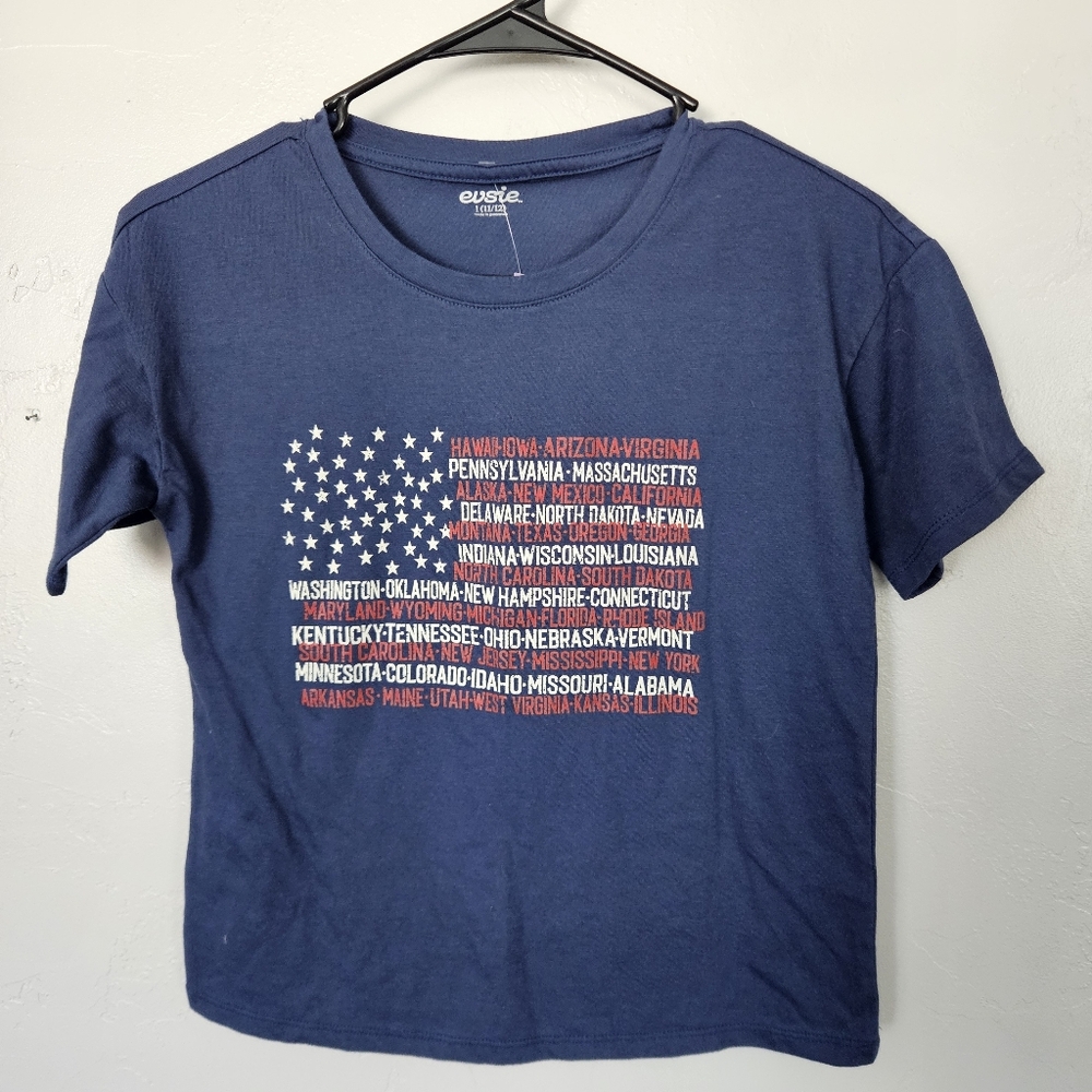 Evsie NWT Girls Large 10/12 Blue 50 States Flag Graphic T-Shirt Tee 4th of July